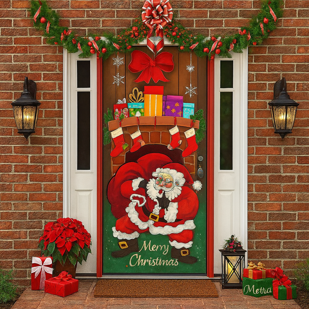 Décoration de porte pour Noël 2025 - Rideau festif avec le Père Noël, des bonhommes en pain d'épice et des sapins - Polyester - 90 × 200 cm