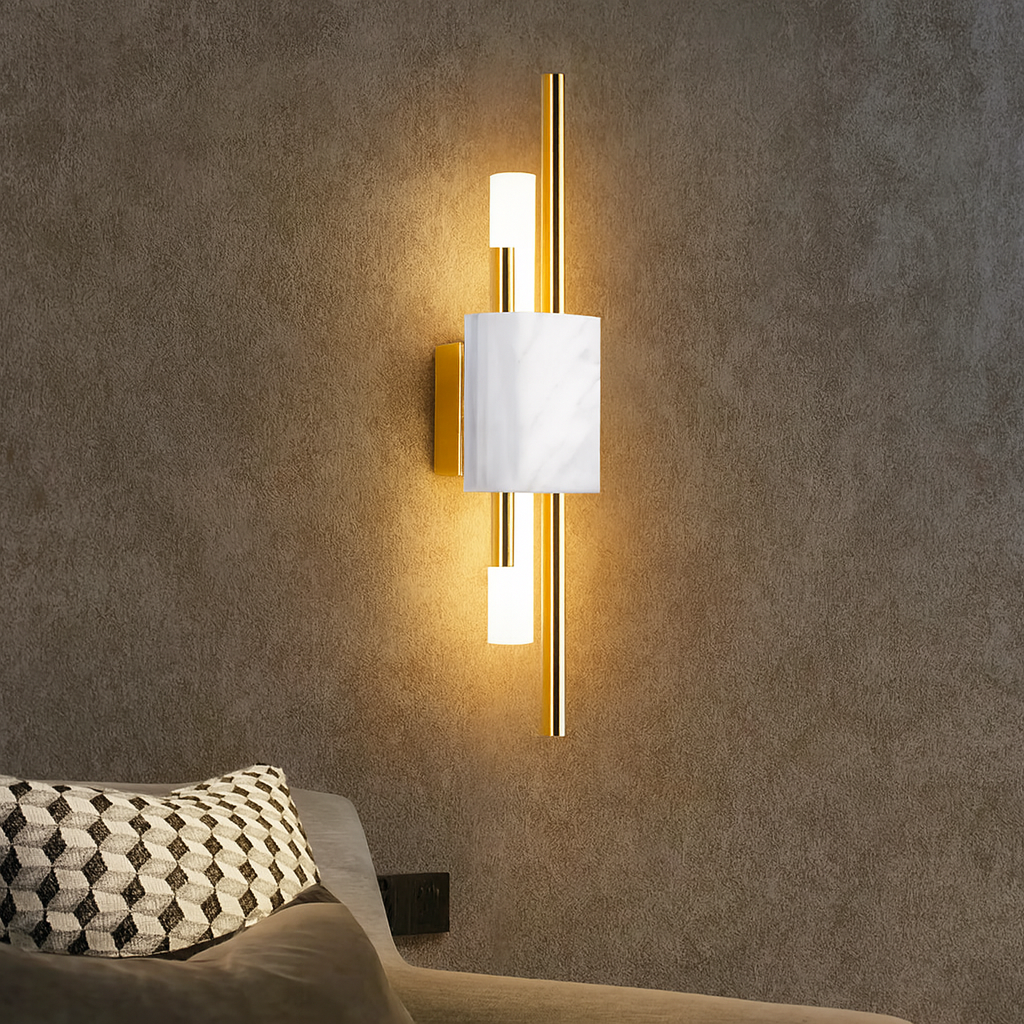 Applique murale en métal et marbre – Blanc, vert et or – LED intégrée