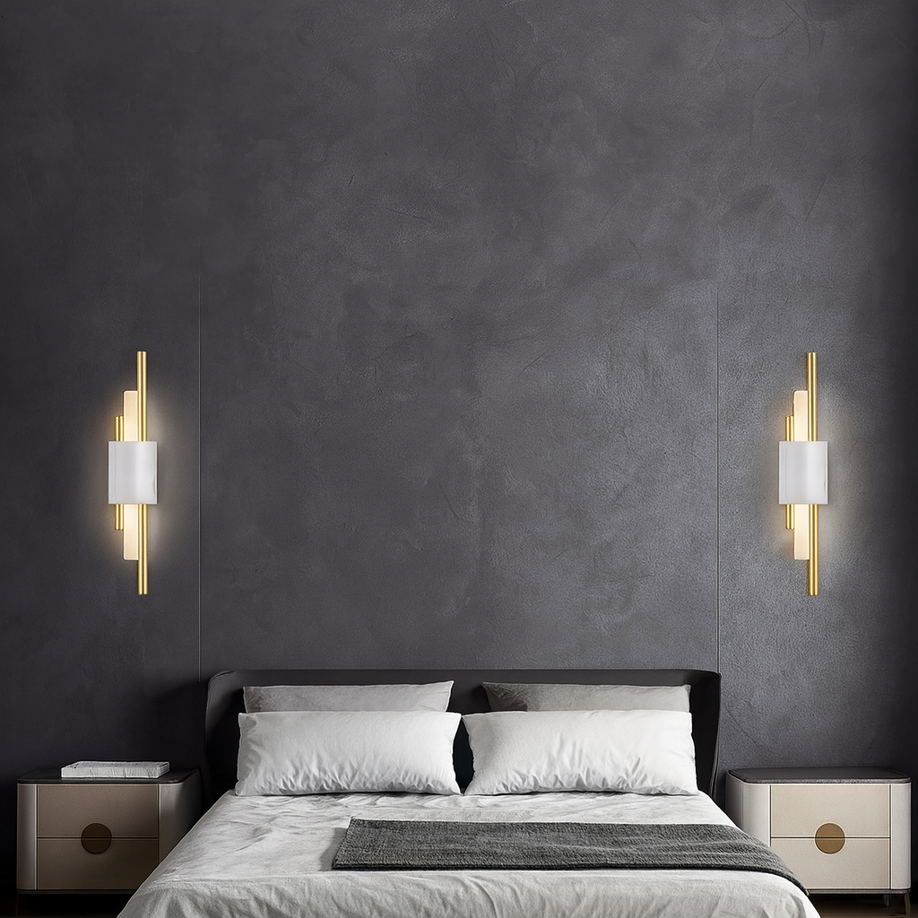 Applique murale en métal et marbre – Blanc, vert et or – LED intégrée