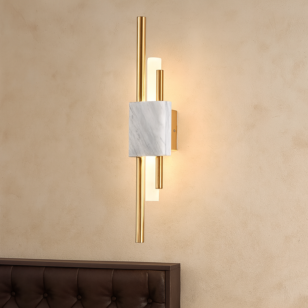 Applique murale en métal et marbre – Blanc, vert et or – LED intégrée