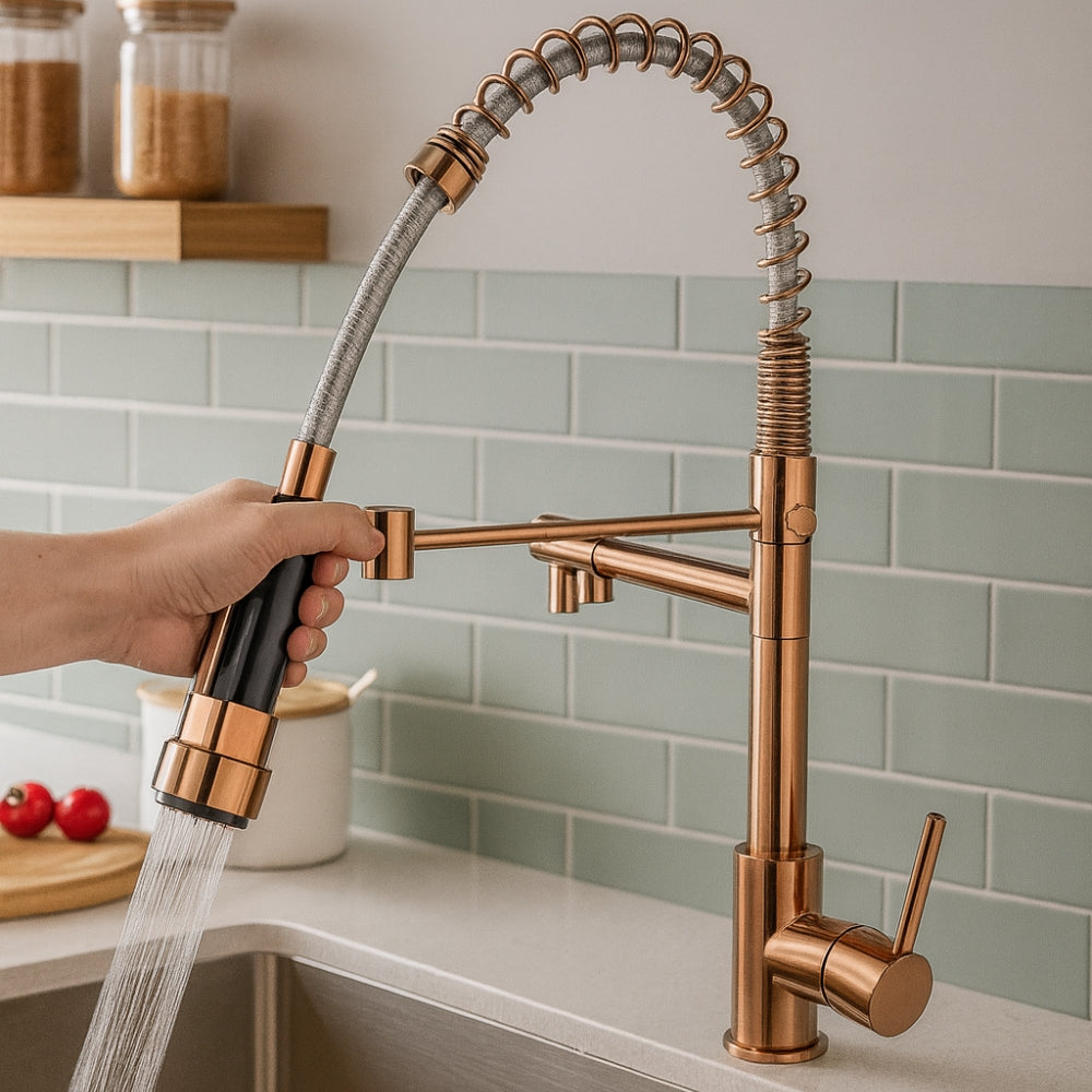 Aquafusion – Mitigeur de cuisine moderne – Double bec – Noir et laiton doré