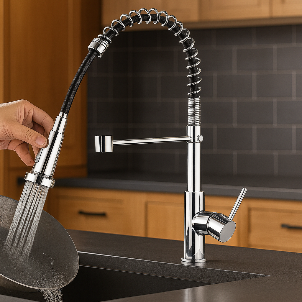 Aquafusion – Mitigeur de cuisine moderne – Double bec – Noir et laiton doré