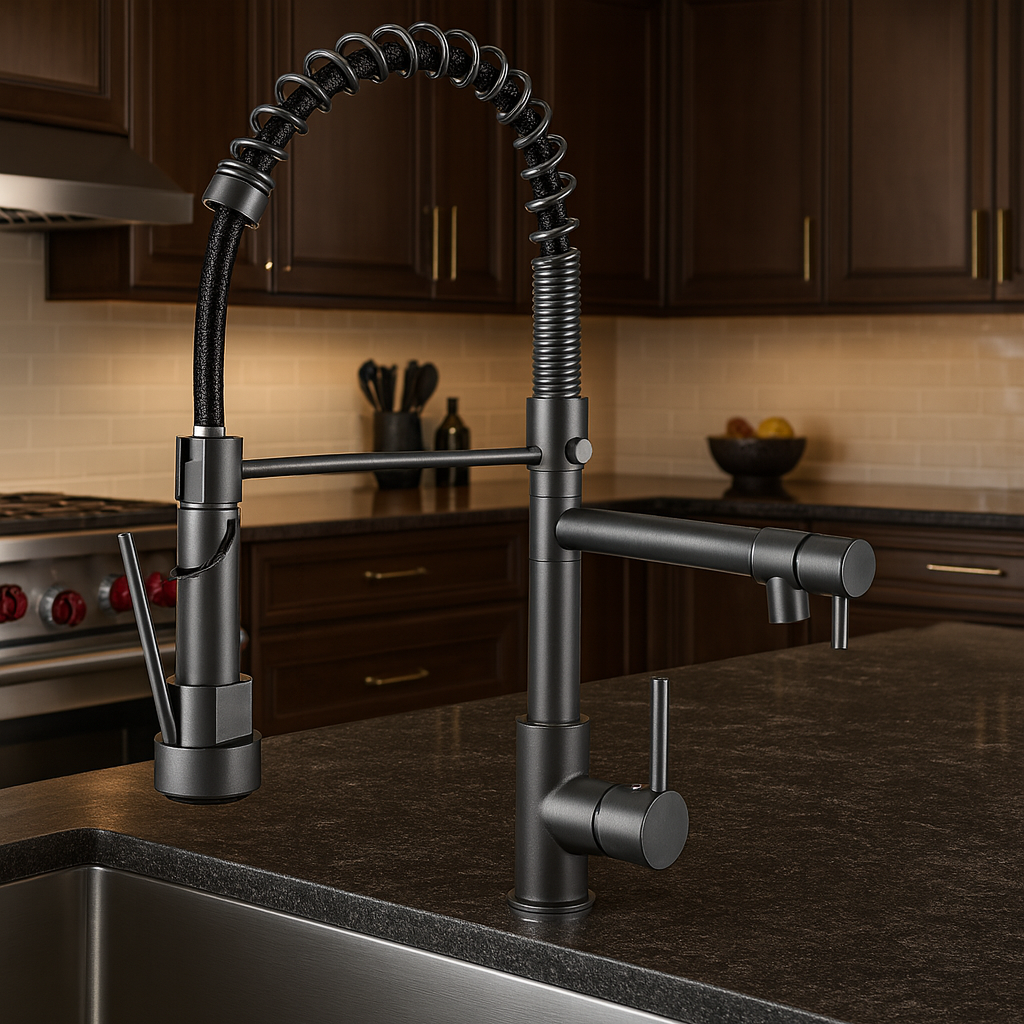 Aquafusion – Mitigeur de cuisine moderne – Double bec – Noir et laiton doré