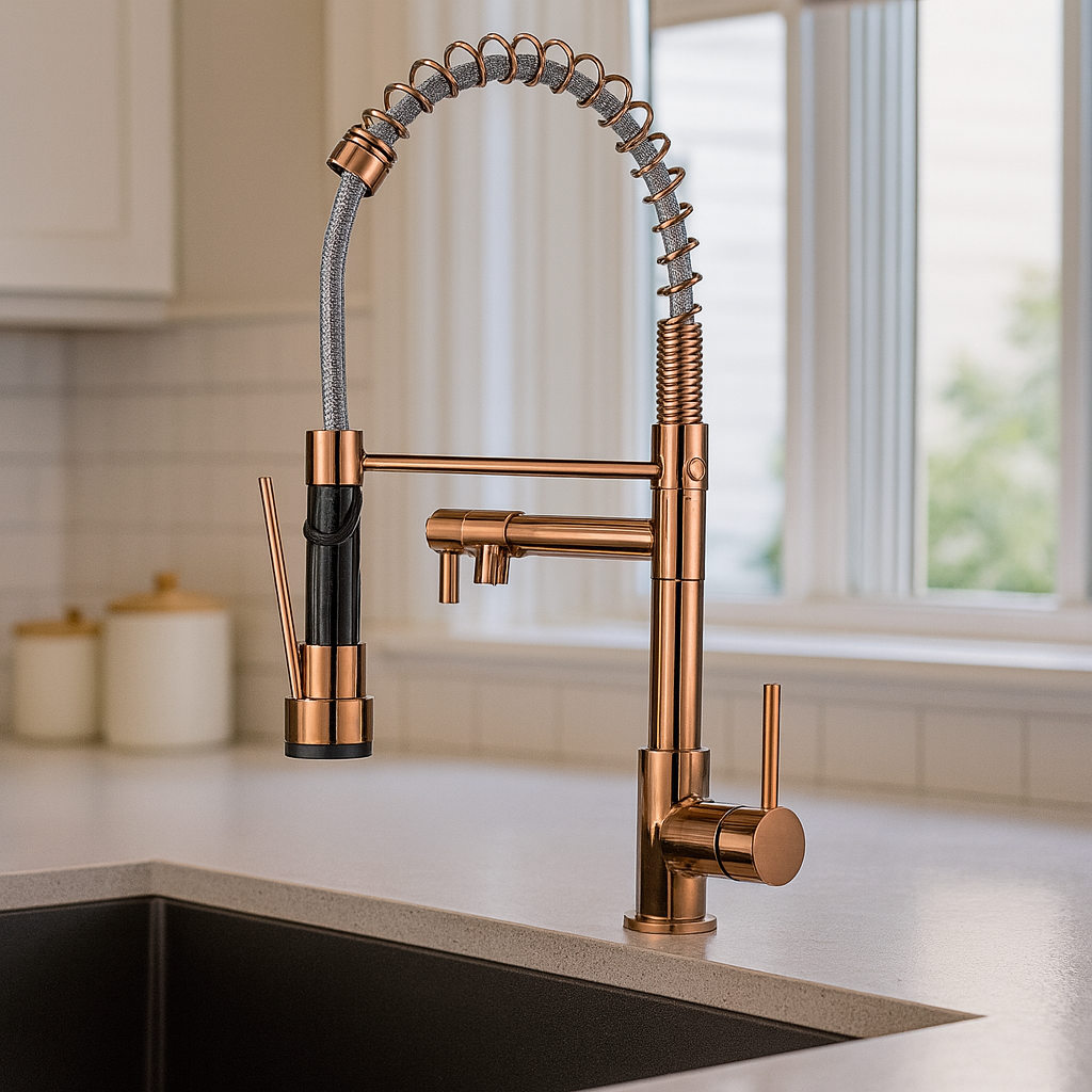 Aquafusion – Mitigeur de cuisine moderne – Double bec – Noir et laiton doré