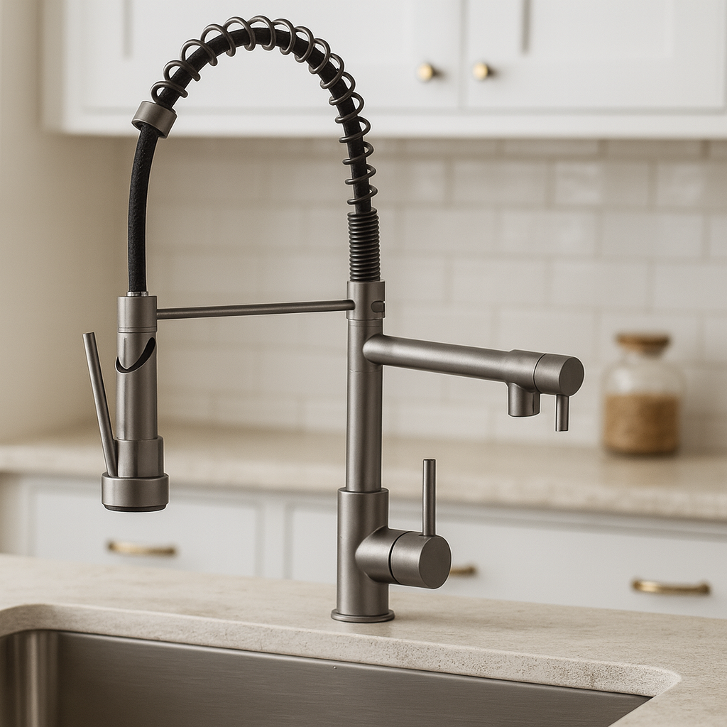 Aquafusion – Mitigeur de cuisine moderne – Double bec – Noir et laiton doré