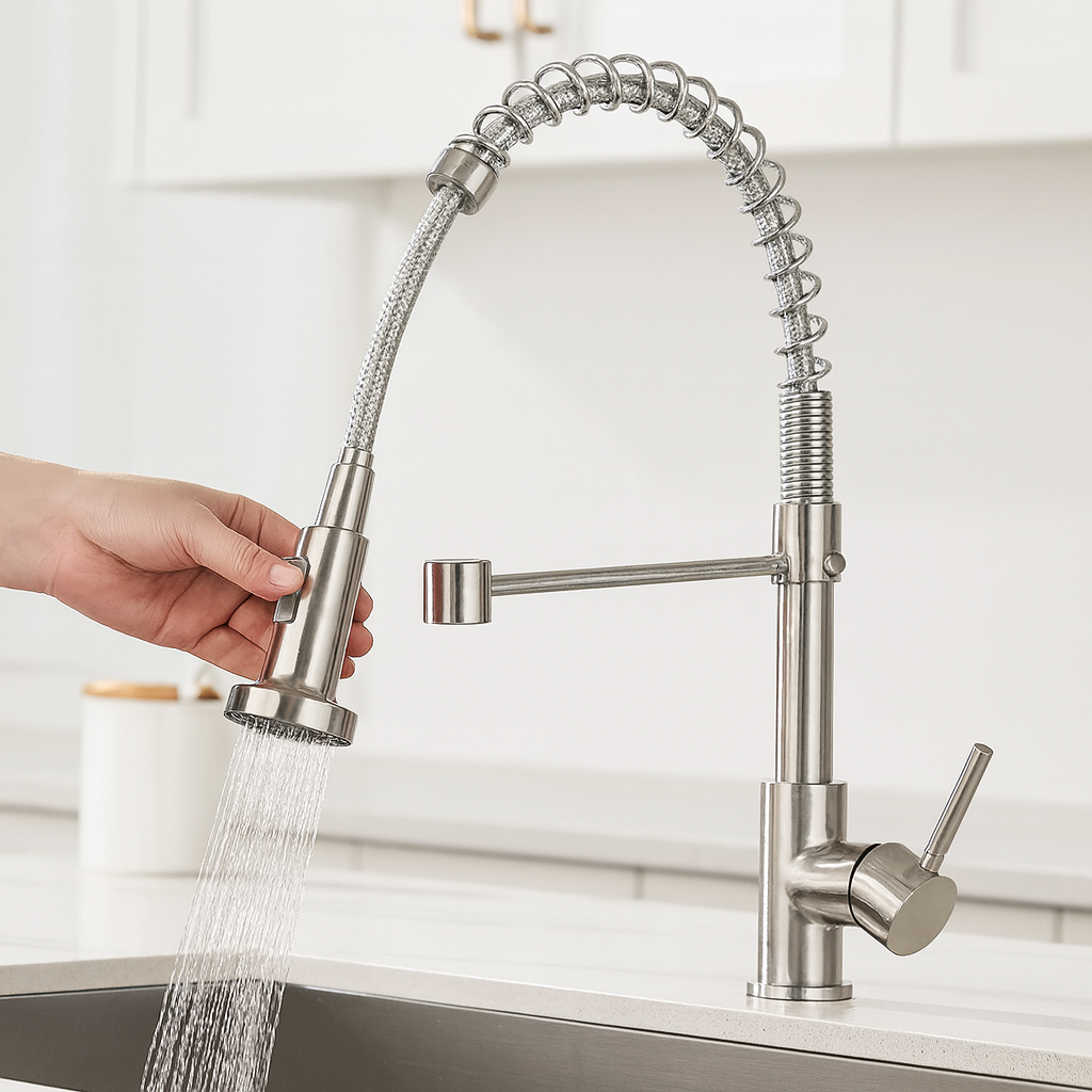 Aquafusion – Mitigeur de cuisine moderne – Double bec – Noir et laiton doré