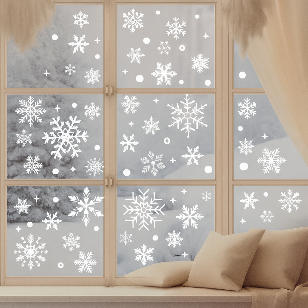 Autocollants de fenêtre flocons de neige – 4 feuilles / 137 pièces – Plastique statique réutilisable – Semi-brillant – Décoration Noël et hiver
