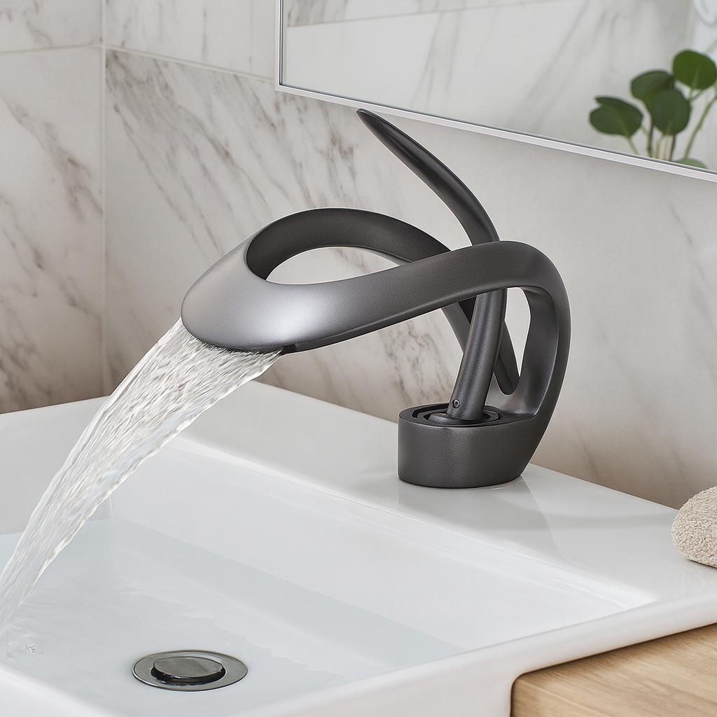 Zina – Mitigeur de salle de bain moderne en laiton – Bec courbé cascade – Design élégant et durable