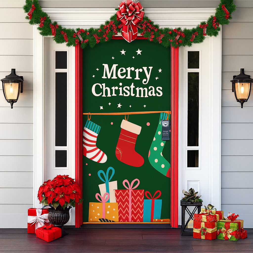 Décoration de porte pour Noël 2025 - Rideau festif avec le Père Noël, des bonhommes en pain d'épice et des sapins - Polyester - 90 × 200 cm