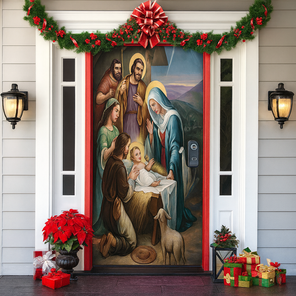 Décoration de porte pour Noël 2025 - Rideau festif avec le Père Noël, des bonhommes en pain d'épice et des sapins - Polyester - 90 × 200 cm