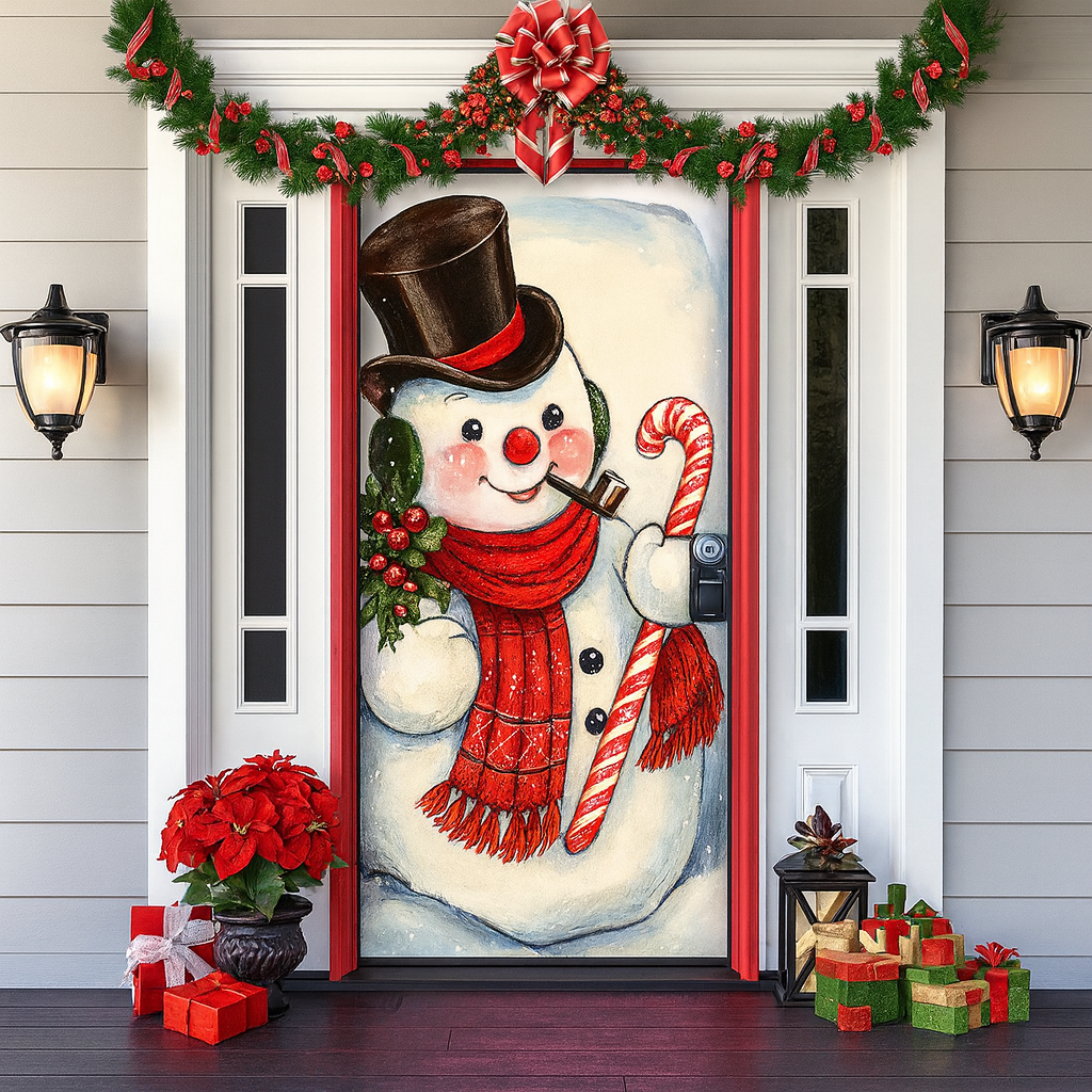 Décoration de porte pour Noël 2025 - Rideau festif avec le Père Noël, des bonhommes en pain d'épice et des sapins - Polyester - 90 × 200 cm