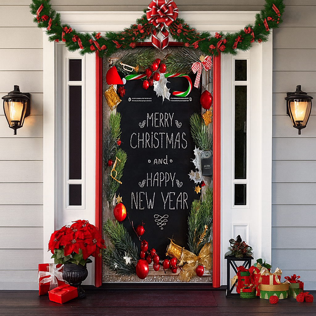 Décoration de porte pour Noël 2025 - Rideau festif avec le Père Noël, des bonhommes en pain d'épice et des sapins - Polyester - 90 × 200 cm