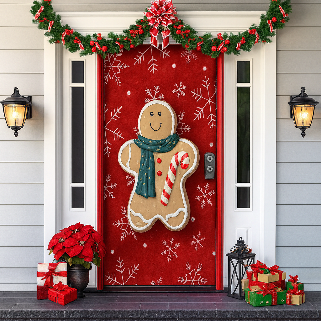 Décoration de porte pour Noël 2025 - Rideau festif avec le Père Noël, des bonhommes en pain d'épice et des sapins - Polyester - 90 × 200 cm