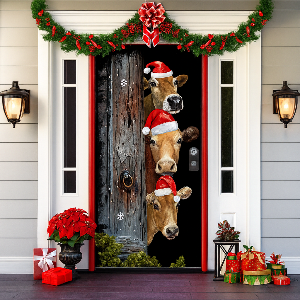 Décoration de porte pour Noël 2025 - Rideau festif avec le Père Noël, des bonhommes en pain d'épice et des sapins - Polyester - 90 × 200 cm