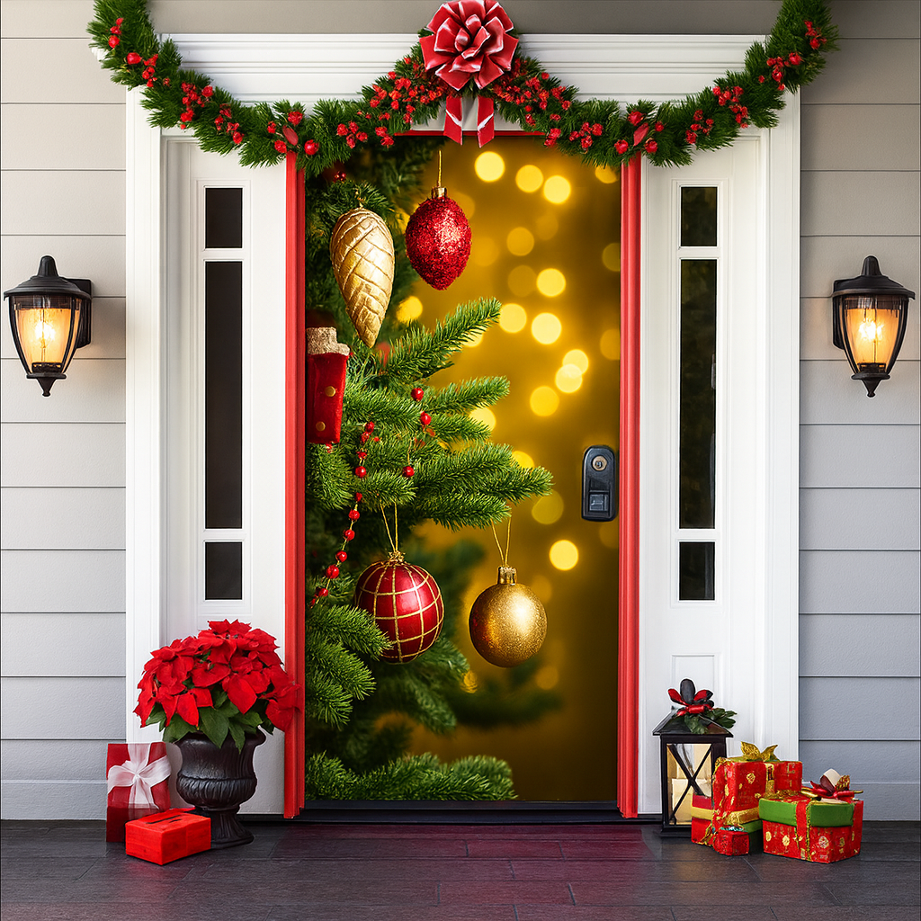 Décoration de porte pour Noël 2025 - Rideau festif avec le Père Noël, des bonhommes en pain d'épice et des sapins - Polyester - 90 × 200 cm