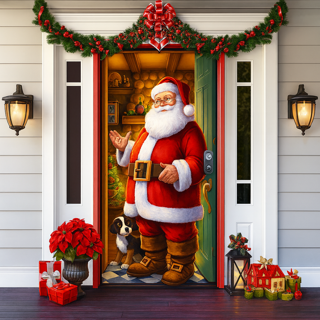 Décoration de porte pour Noël 2025 - Rideau festif avec le Père Noël, des bonhommes en pain d'épice et des sapins - Polyester - 90 × 200 cm