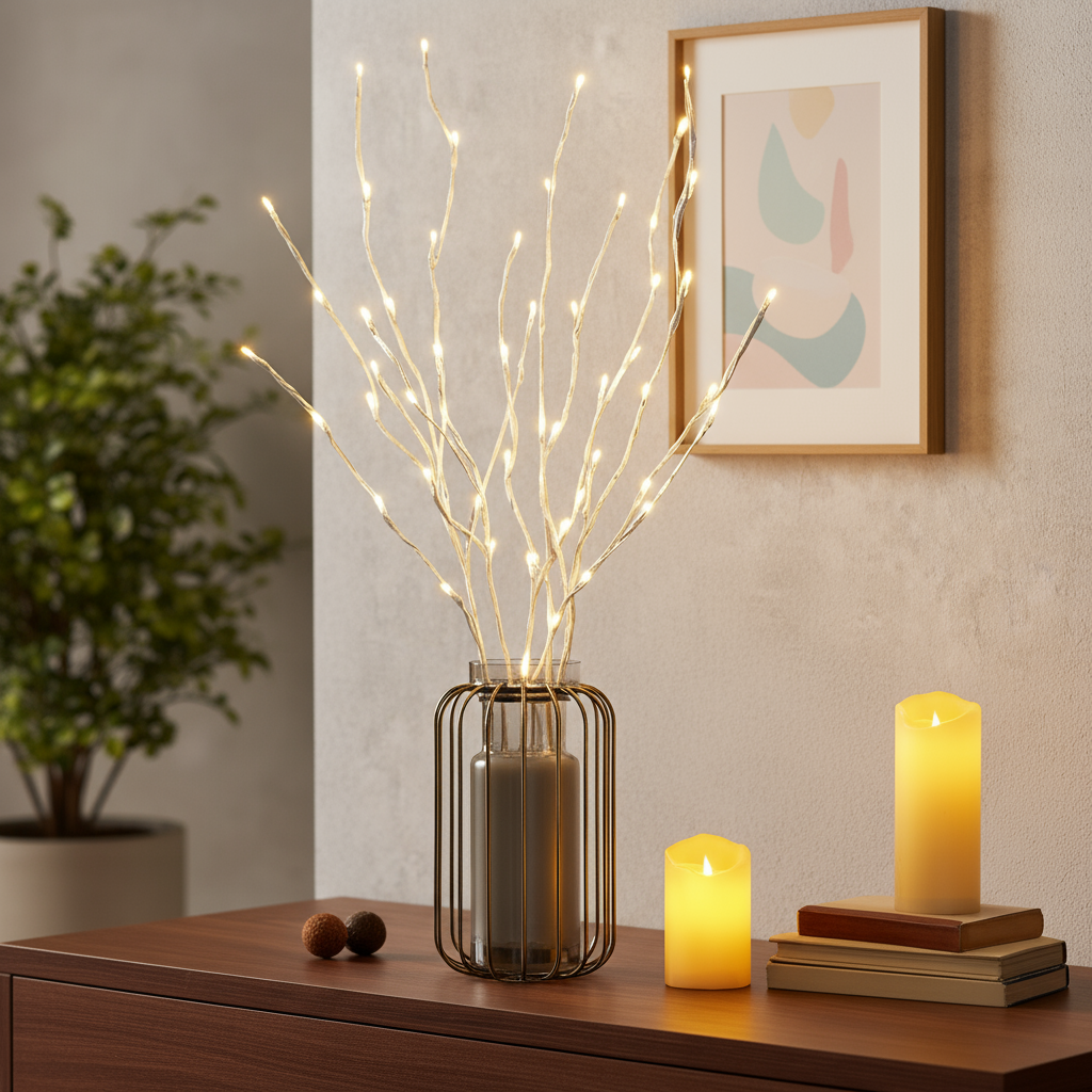 Guirlande LED branche de bouleau blanc – Lumières décoratives à piles – Blanc chaud – 72 cm – Intérieur et extérieur – Mariage et Noël