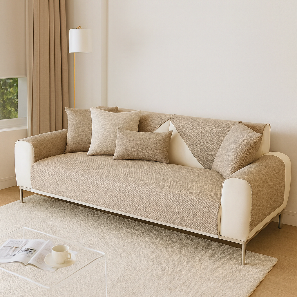 Housse de canapé universelle antidérapante – Coton et lin – Beige kaki – Pour canapés droits et d’angle
