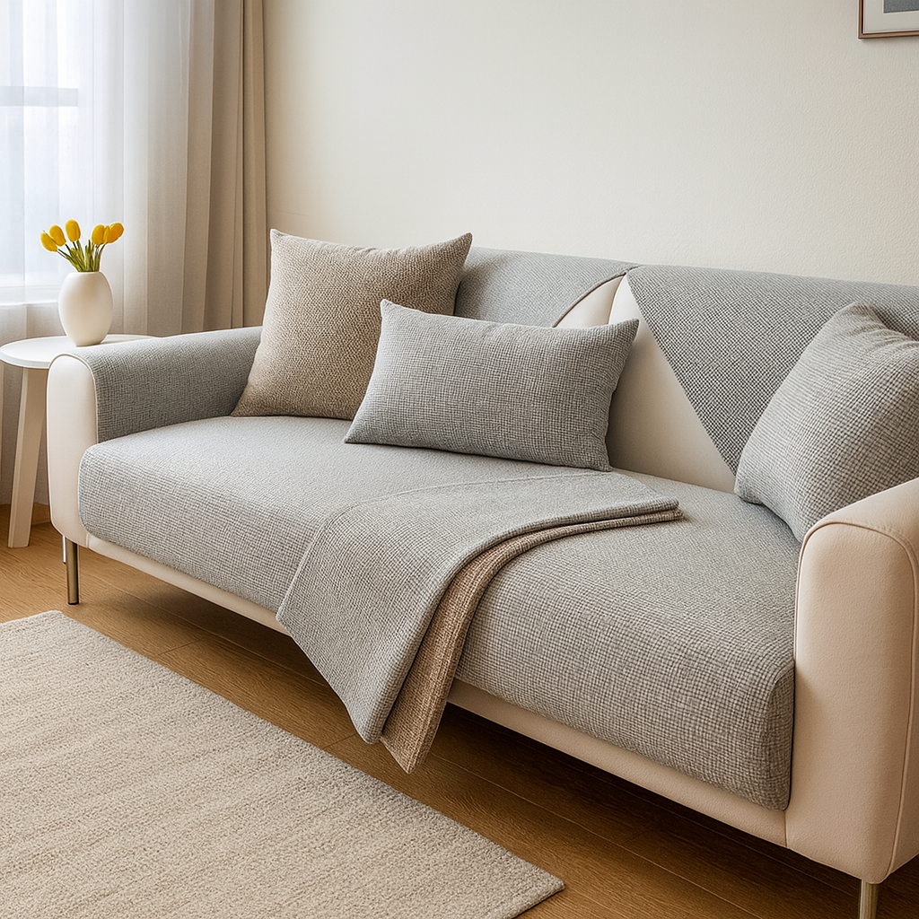 Housse de canapé universelle antidérapante – Coton et lin – Beige kaki – Pour canapés droits et d’angle