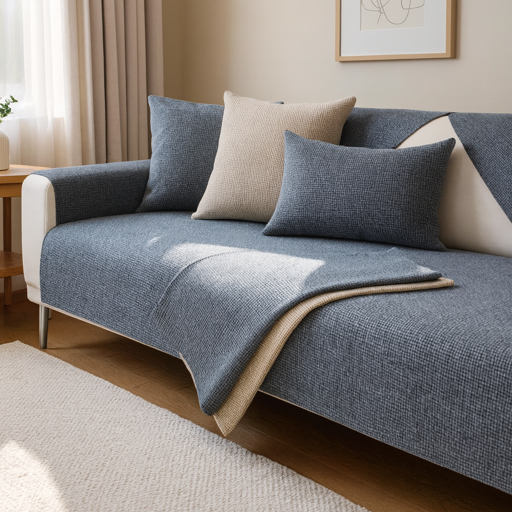 Housse de canapé universelle antidérapante – Coton et lin – Beige kaki – Pour canapés droits et d’angle