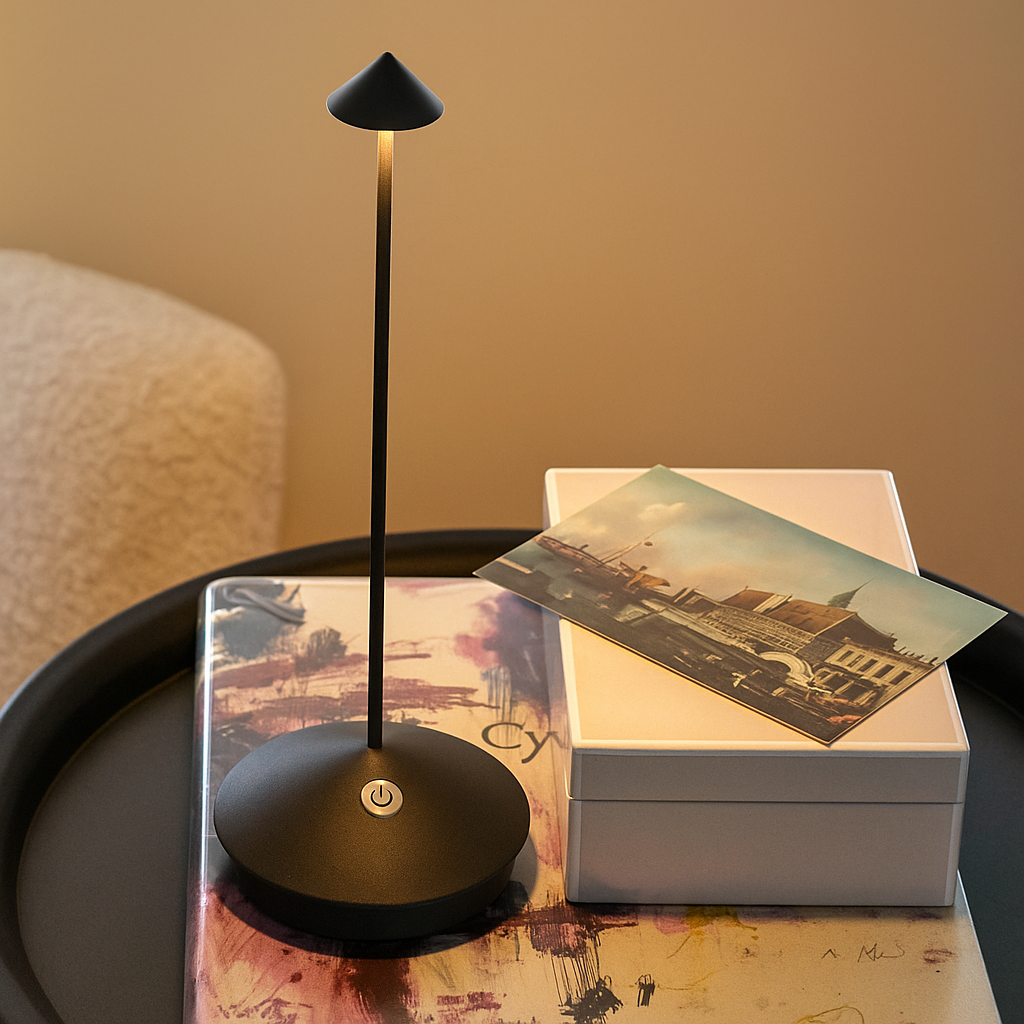 Lampe de table LED moderne – Sans fil et rechargeable – Éclairage dimmable – Design élégant et résistant à l’eau – Utilisation intérieure et extérieure