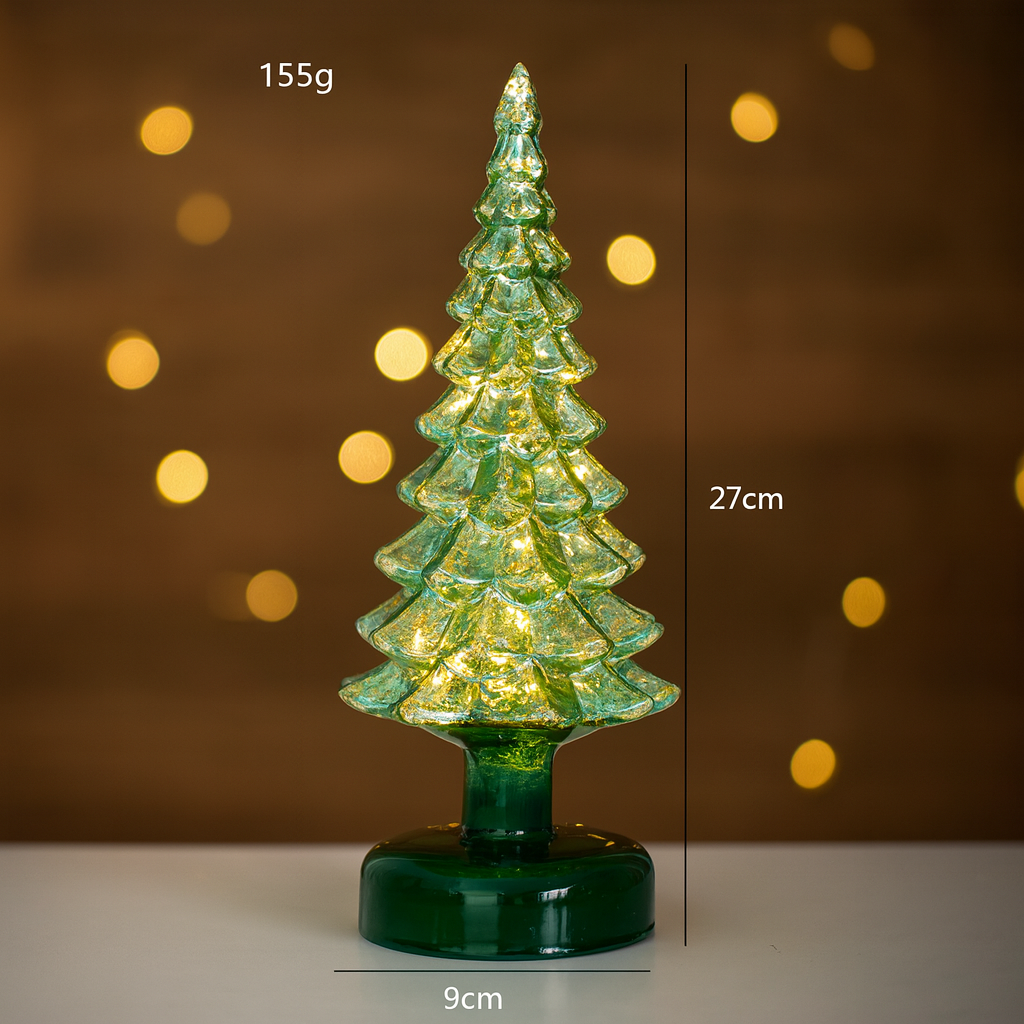 Lampe de Noël en verre lumineux – Arbre LED décoratif – Veilleuse festive – Cadeau enfants – Décoration de bureau et maison