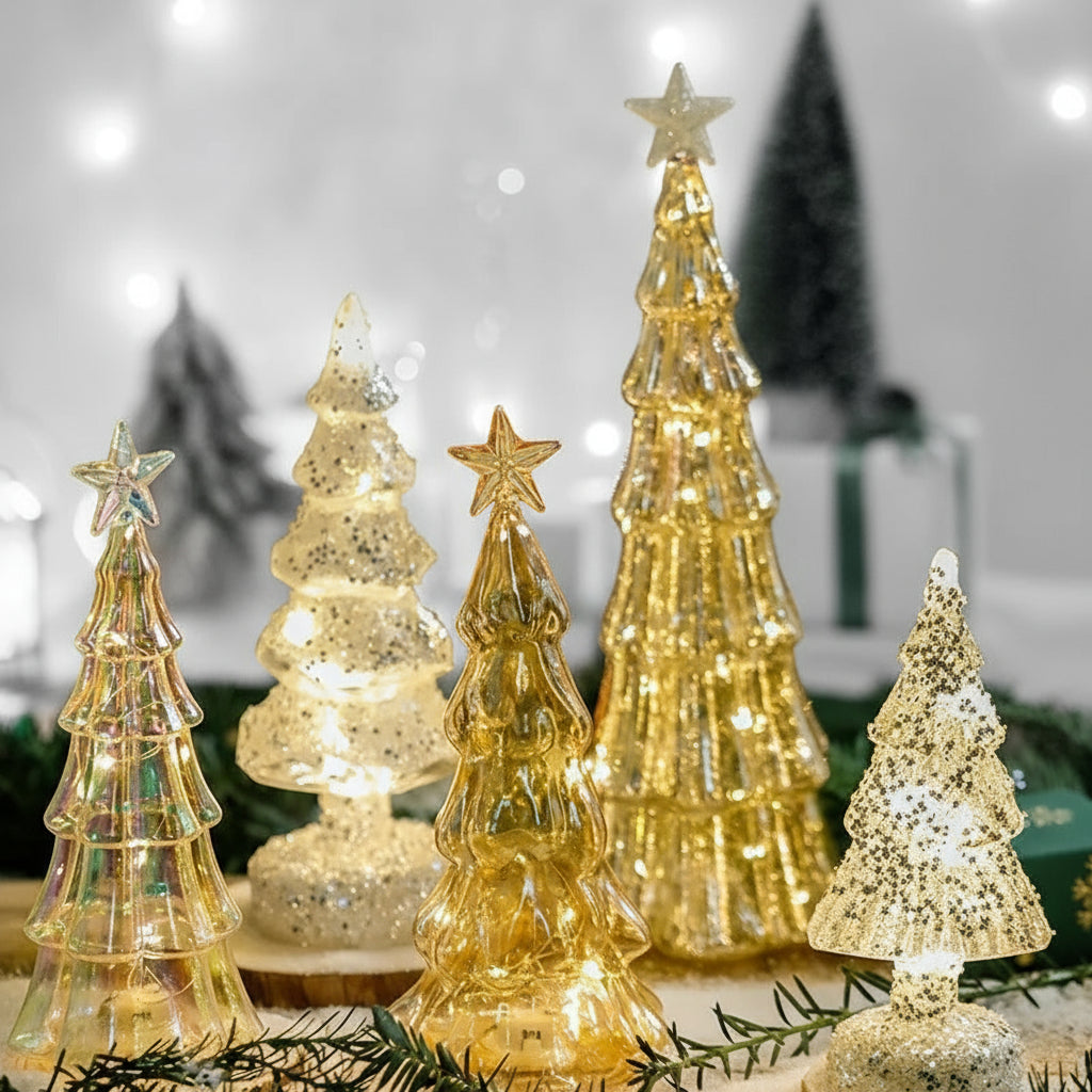 Lampe de Noël en verre lumineux – Arbre LED décoratif – Veilleuse festive – Cadeau enfants – Décoration de bureau et maison