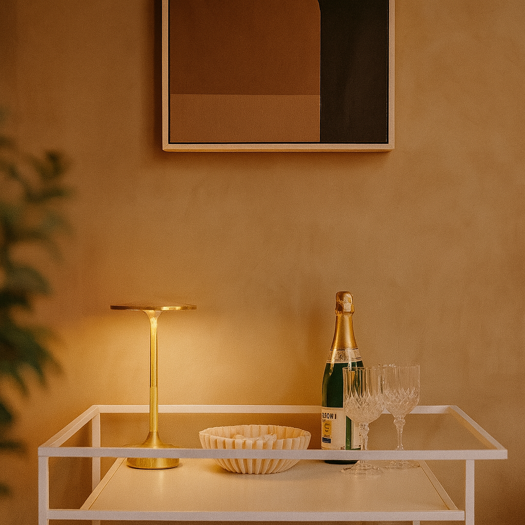 Maison Elvion – Lampe de table LED moderne – Finition or, argent et noir – Commande tactile à 3 niveaux de luminosité – Rechargeable par USB-C – Design en aluminium durable