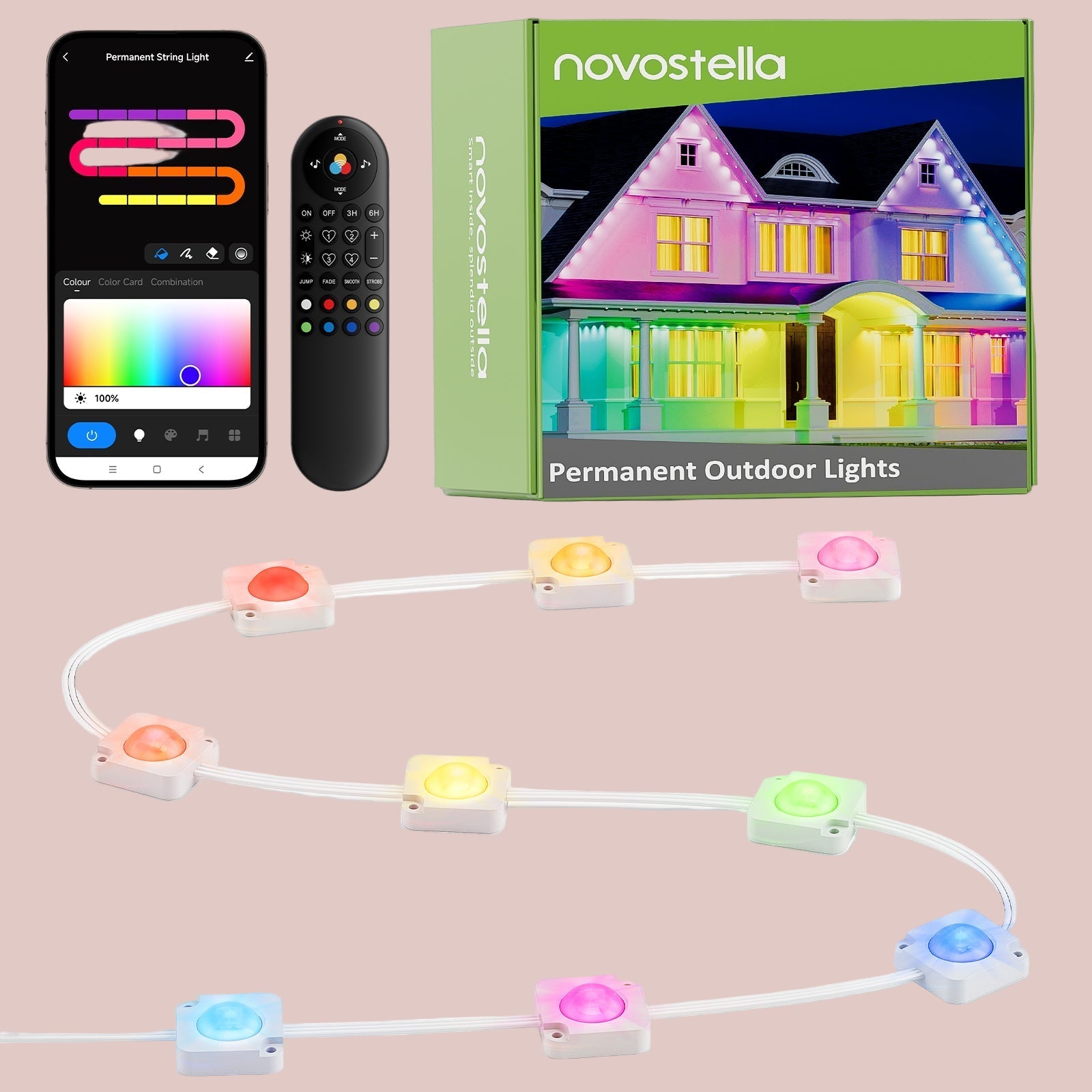 Novostella Vitopia – Guirlande LED extérieure intelligente RGBIC – Lumière multicolore permanente – Contrôle via app, télécommande et voix – Étanche