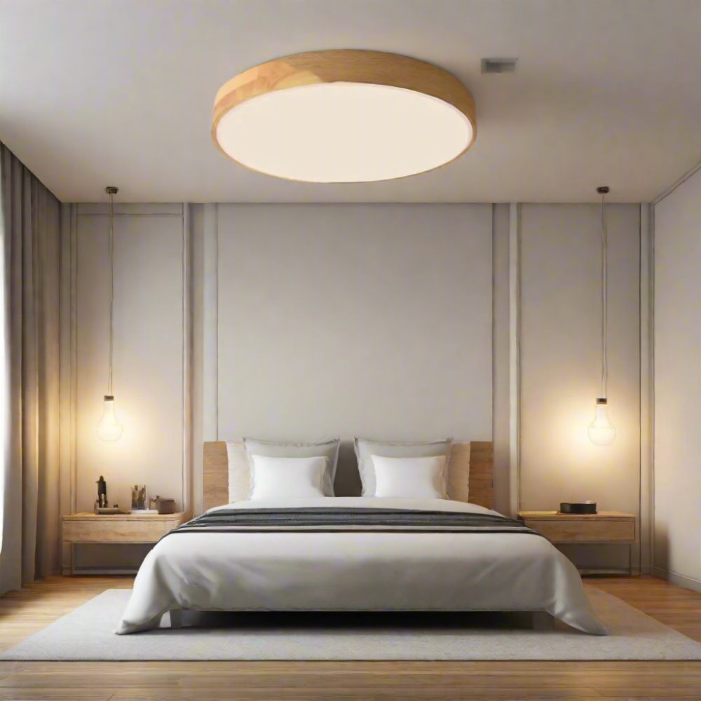 Plafonnier LED en bois – Design scandinave naturel – Éclairage blanc froid – Structure bois et acrylique – Ø 23 cm ou Ø 30 cm – Installation plafond facile