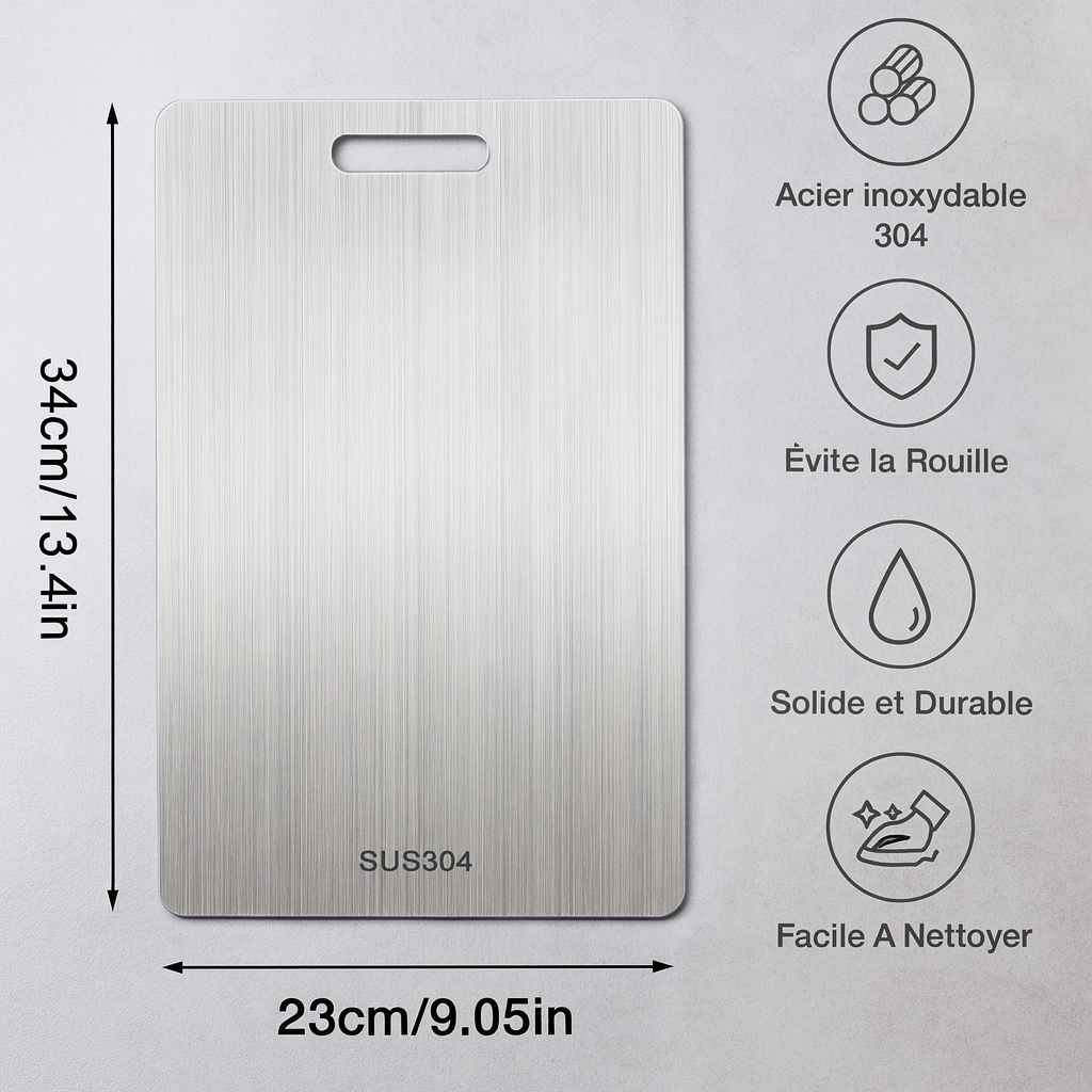 Planche à découper double face en acier inoxydable – Revêtement titane – Durable, hygiénique et facile à nettoyer – Idéale pour la préparation et la conservation des aliments