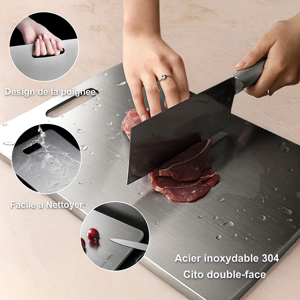 Planche à découper double face en acier inoxydable – Revêtement titane – Durable, hygiénique et facile à nettoyer – Idéale pour la préparation et la conservation des aliments