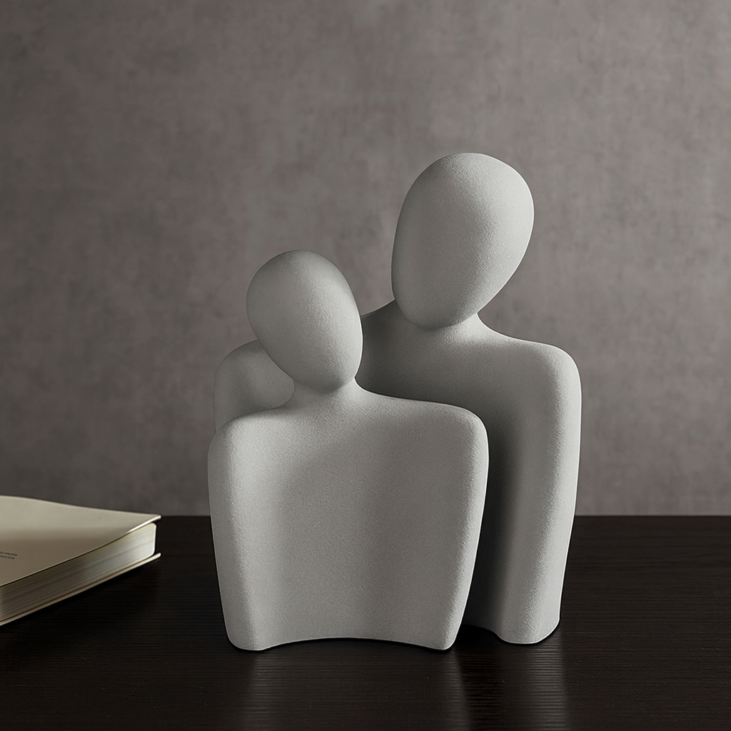 Maison Elvion – Sculpture décorative en céramique – Design abstrait de couple enlacé – Expression artistique de l’union et de la complicité – Élément décoratif pour la maison, le bureau ou idée cadeau