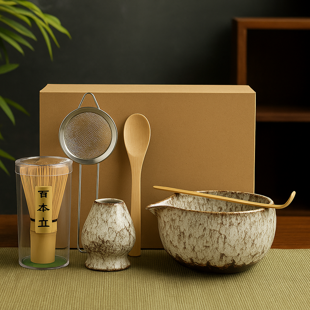Set de cérémonie du thé matcha – 6 pièces – Bol, fouet, cuillère, cuillère doseuse, tamis et support – Céramique bleu texturé