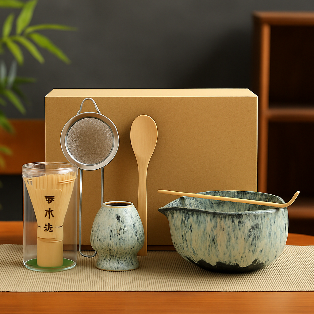 Set de cérémonie du thé matcha – 6 pièces – Bol, fouet, cuillère, cuillère doseuse, tamis et support – Céramique bleu texturé