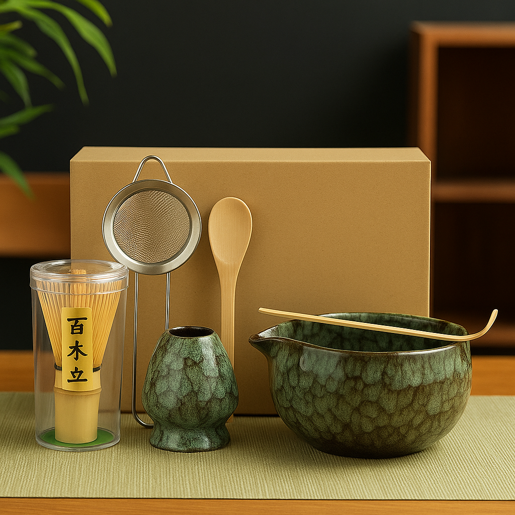 Set de cérémonie du thé matcha – 6 pièces – Bol, fouet, cuillère, cuillère doseuse, tamis et support – Céramique bleu texturé
