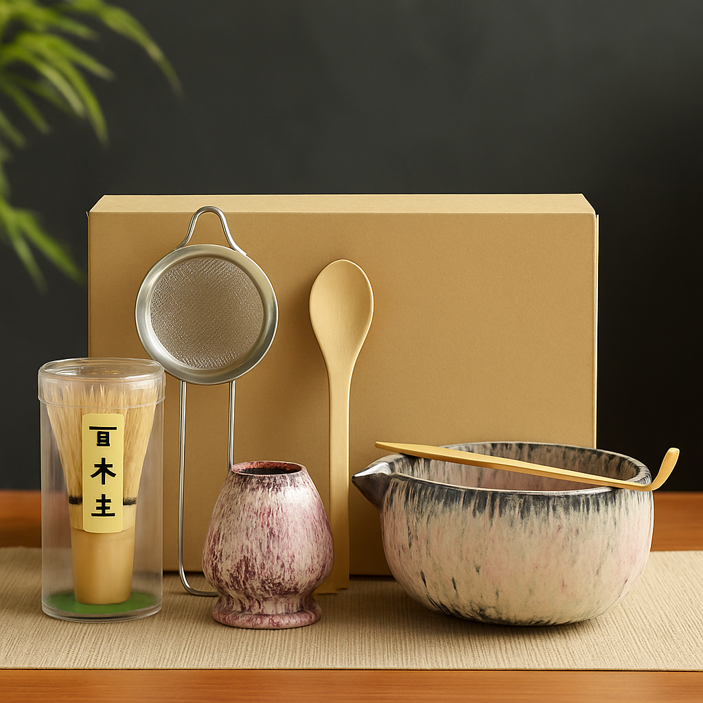 Set de cérémonie du thé matcha – 6 pièces – Bol, fouet, cuillère, cuillère doseuse, tamis et support – Céramique bleu texturé
