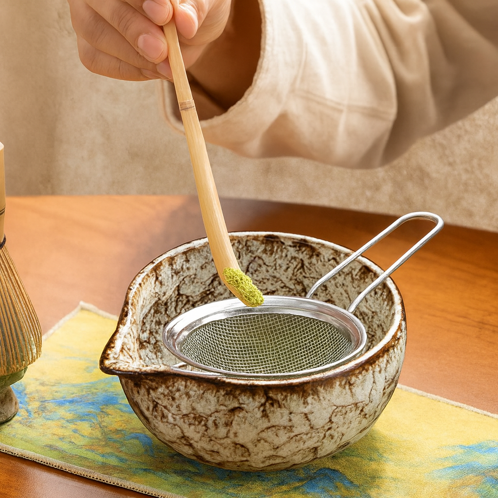 Set de cérémonie du thé matcha – 6 pièces – Bol, fouet, cuillère, cuillère doseuse, tamis et support – Céramique bleu texturé