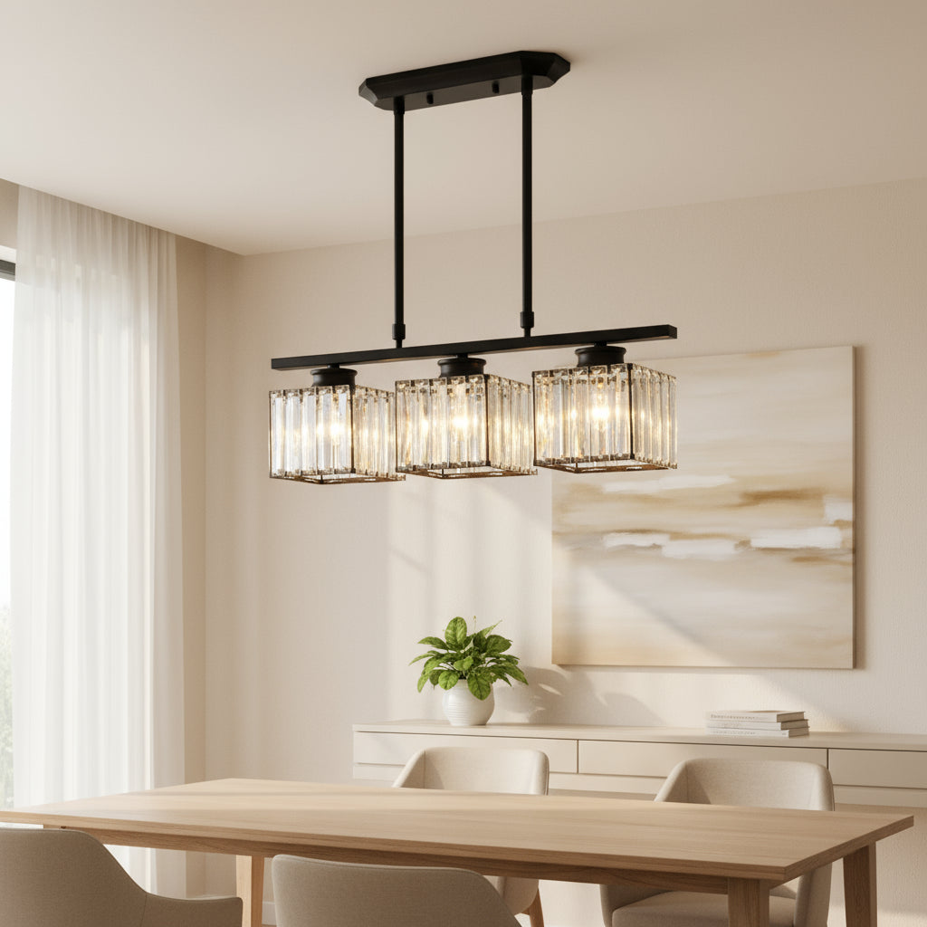 Maison Elvion – Suspension design nordique à plusieurs têtes – Verre et fer – Éclairage moderne pour îlot de cuisine, salle à manger ou salon – 3 ou 4 lampes réglables