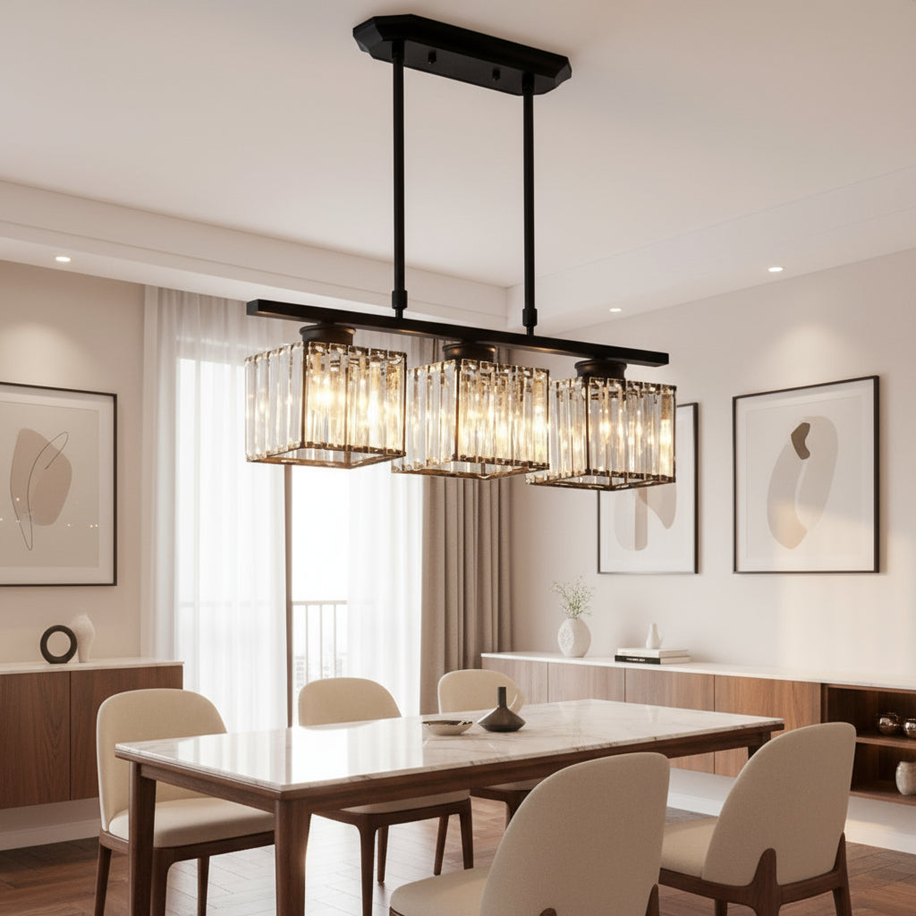 Maison Elvion – Suspension design nordique à plusieurs têtes – Verre et fer – Éclairage moderne pour îlot de cuisine, salle à manger ou salon – 3 ou 4 lampes réglables