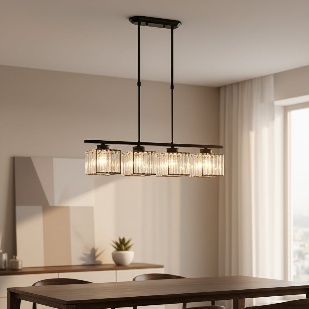 Maison Elvion – Suspension design nordique à plusieurs têtes – Verre et fer – Éclairage moderne pour îlot de cuisine, salle à manger ou salon – 3 ou 4 lampes réglables