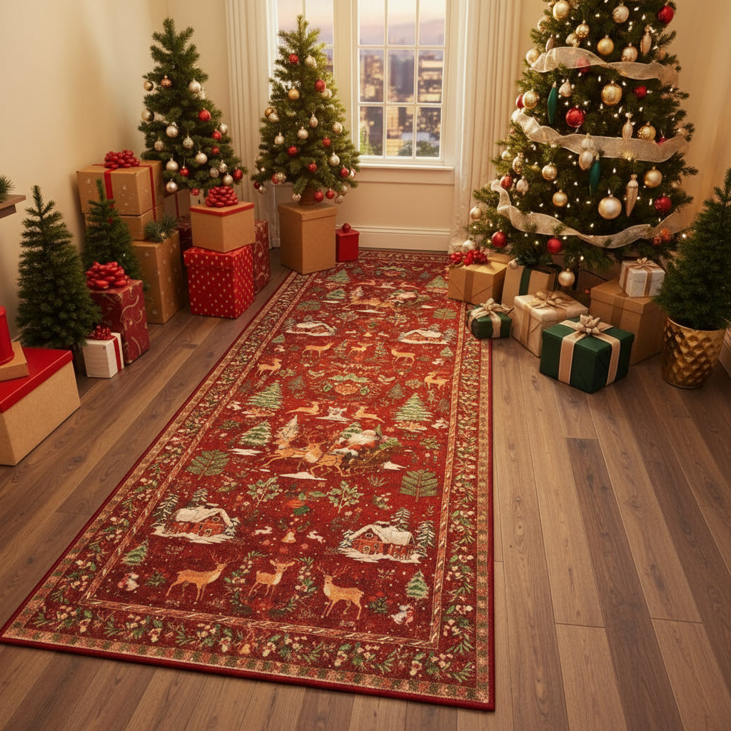 Tapis de couloir de Noël – Rouge festif – Fausses fibres de laine ultra-douces – Dos antidérapant TPE – Lavable en machine – Sécurisé enfants et animaux