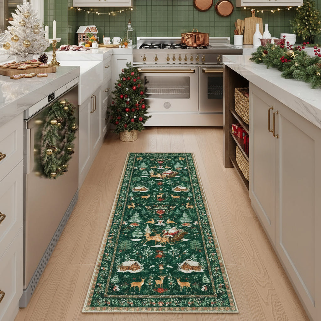 Tapis de couloir de Noël – Rouge festif – Fausses fibres de laine ultra-douces – Dos antidérapant TPE – Lavable en machine – Sécurisé enfants et animaux