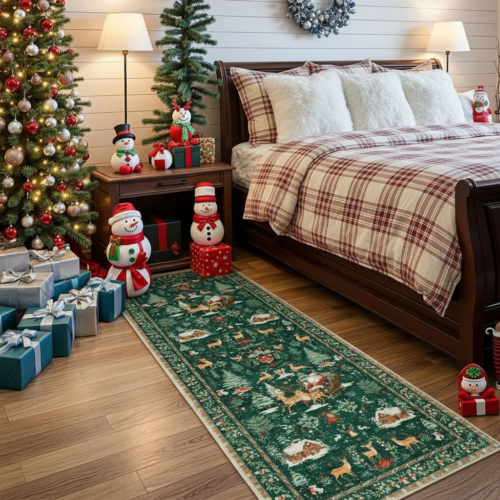 Tapis de couloir de Noël – Rouge festif – Fausses fibres de laine ultra-douces – Dos antidérapant TPE – Lavable en machine – Sécurisé enfants et animaux