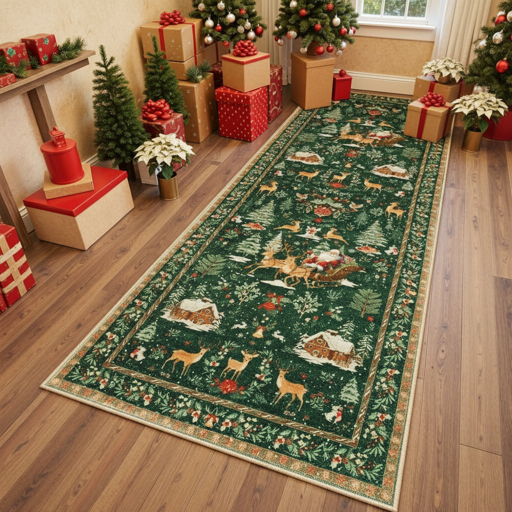 Tapis de couloir de Noël – Rouge festif – Fausses fibres de laine ultra-douces – Dos antidérapant TPE – Lavable en machine – Sécurisé enfants et animaux