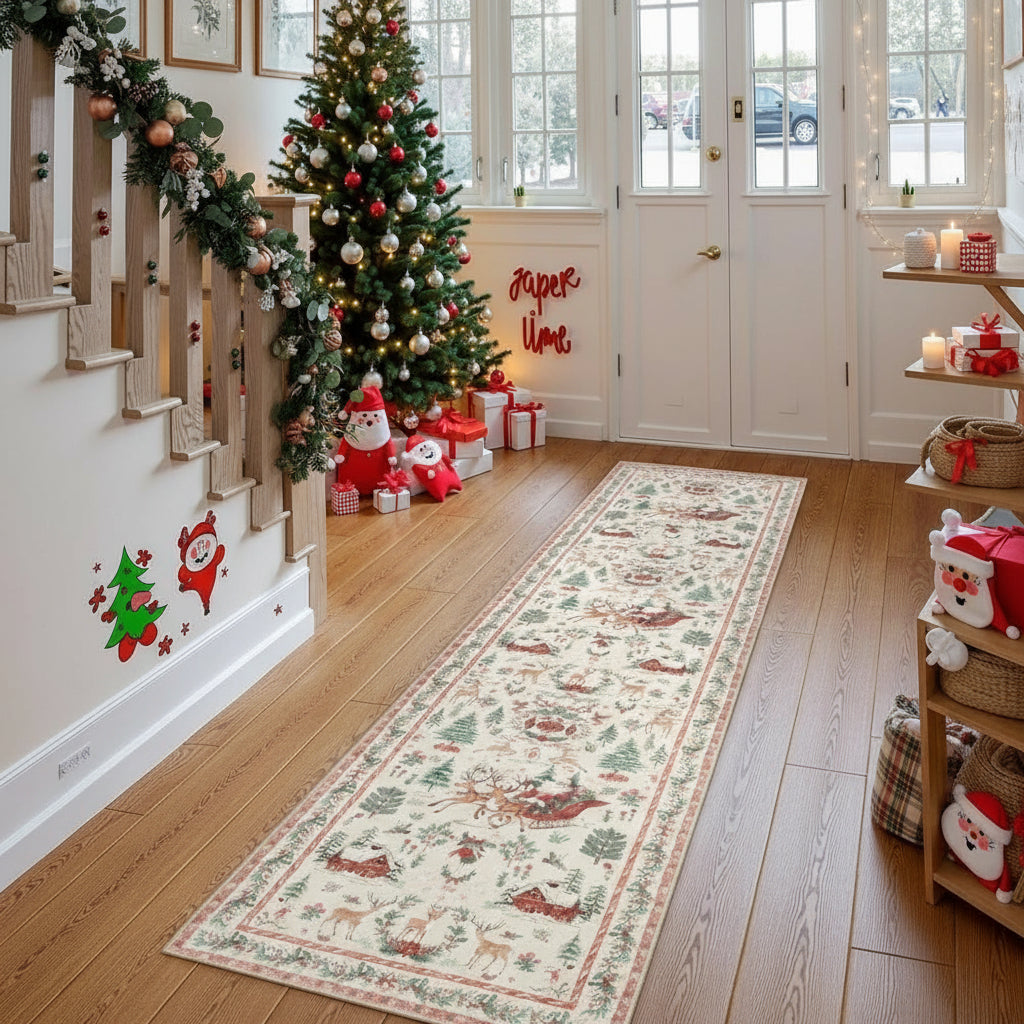 Tapis de couloir de Noël – Rouge festif – Fausses fibres de laine ultra-douces – Dos antidérapant TPE – Lavable en machine – Sécurisé enfants et animaux