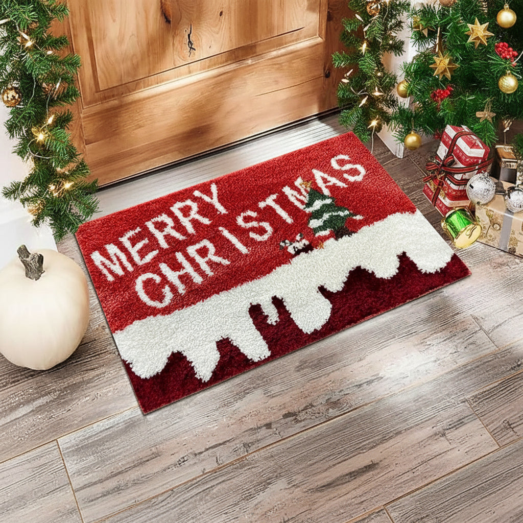 Tapis de porte de Noël – Rouge Père Noël et bonhommes en pain d’épice – Intérieur et extérieur – Décoration maison et Nouvel An 2025