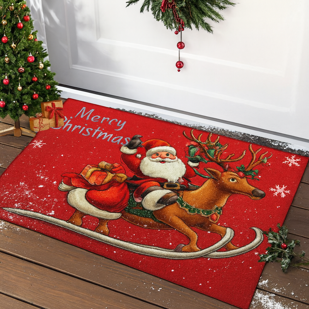 Tapis de porte de Noël – Rouge Père Noël et bonhommes en pain d’épice – Intérieur et extérieur – Décoration maison et Nouvel An 2025