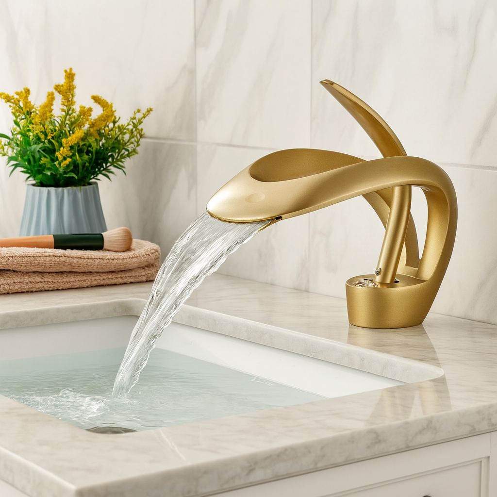 Zina – Mitigeur de salle de bain moderne en laiton – Bec courbé cascade – Design élégant et durable