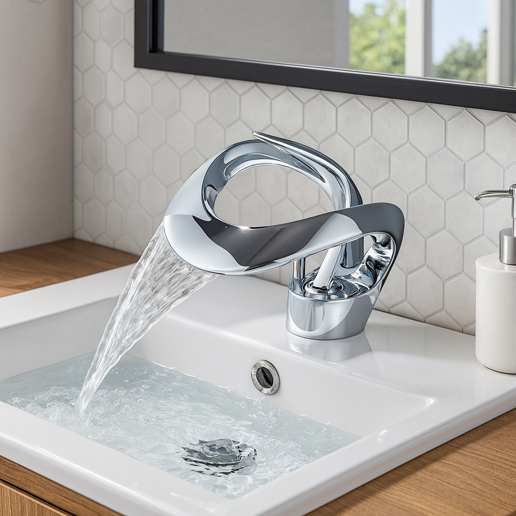 Zina – Mitigeur de salle de bain moderne en laiton – Bec courbé cascade – Design élégant et durable